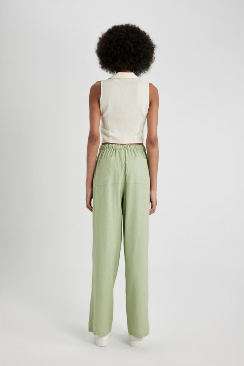 WOMAN Light Green Wide Leg High Waist Standard Length Linen Blend Trousers