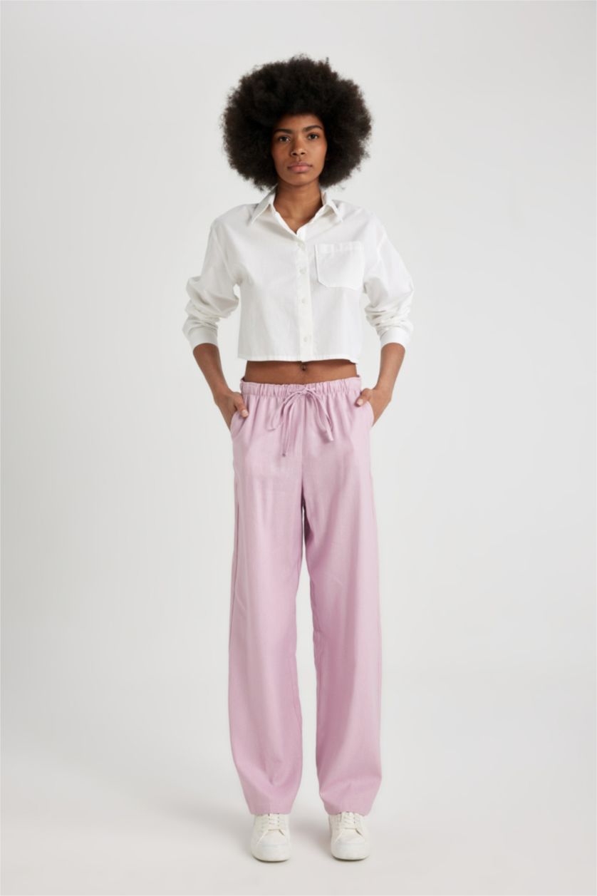 FEMME Rose Pantalon Large en Lin Mélangé à Taille Haute Double Poche et Longueur Standard Jambe Large