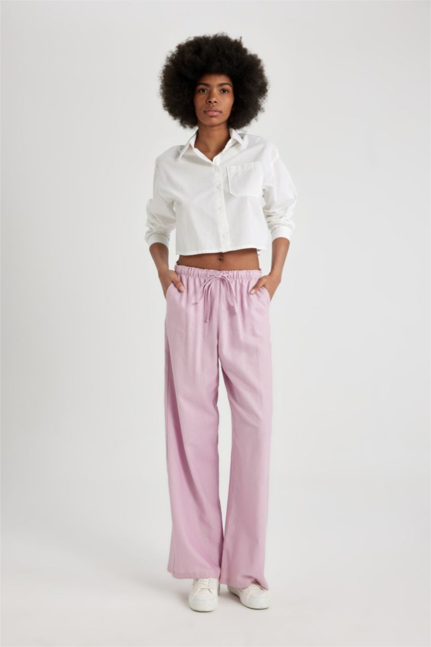 FEMME Rose Pantalon Large en Lin Mélangé à Taille Haute Double Poche et Longueur Standard Jambe Large