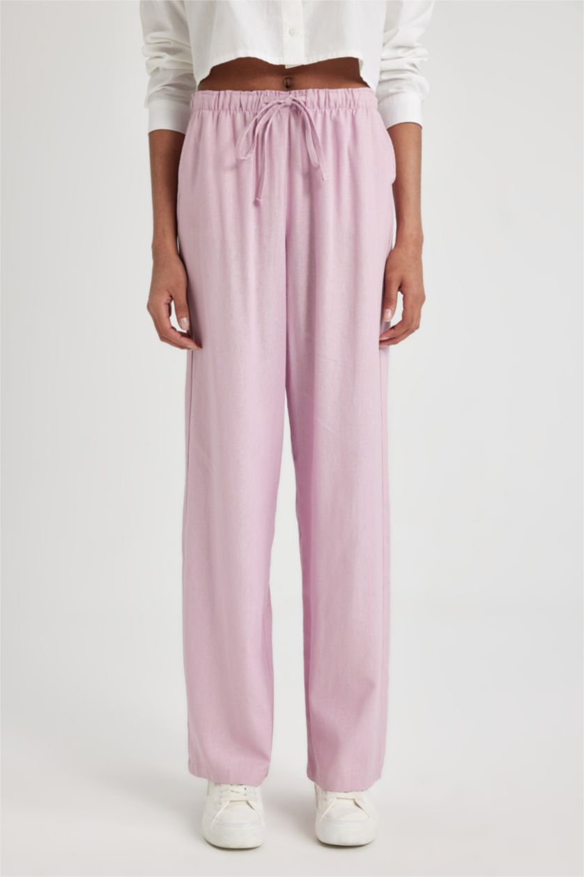 FEMME Rose Pantalon Large en Lin Mélangé à Taille Haute Double Poche et Longueur Standard Jambe Large