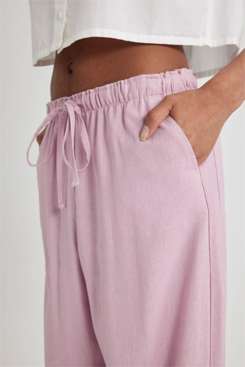 FEMME Rose Pantalon Large en Lin Mélangé à Taille Haute Double Poche et Longueur Standard Jambe Large