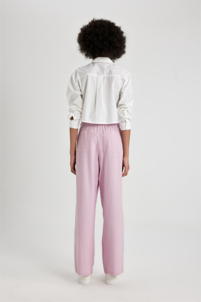 FEMME Rose Pantalon Large en Lin Mélangé à Taille Haute Double Poche et Longueur Standard Jambe Large