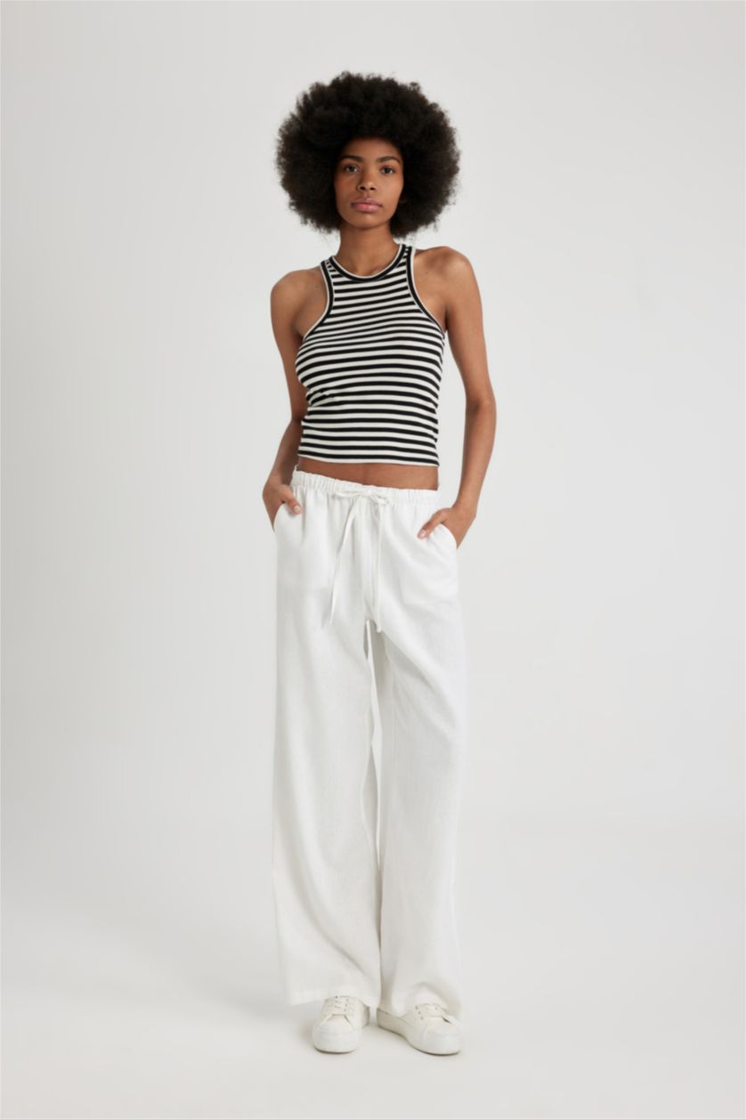 FEMME Blanc Pantalon Large en Lin Mélangé à Taille Haute Double Poche et Longueur Standard Jambe Large