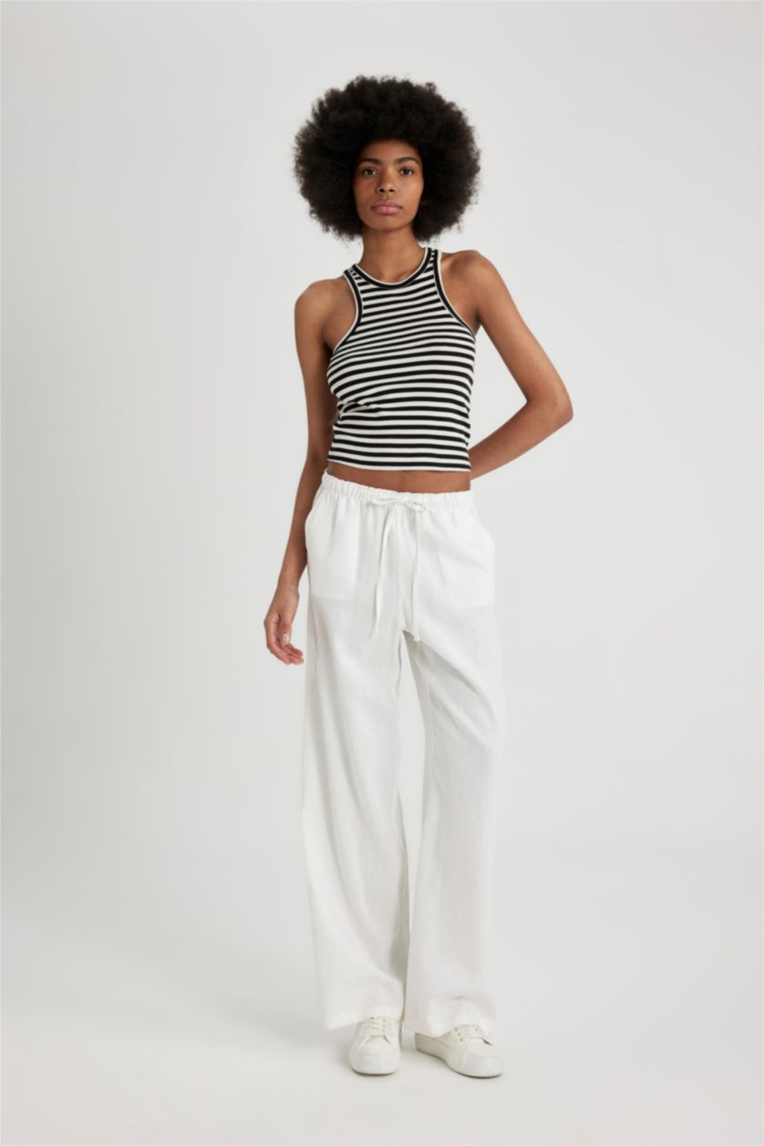 FEMME Blanc Pantalon Large en Lin Mélangé à Taille Haute Double Poche et Longueur Standard Jambe Large