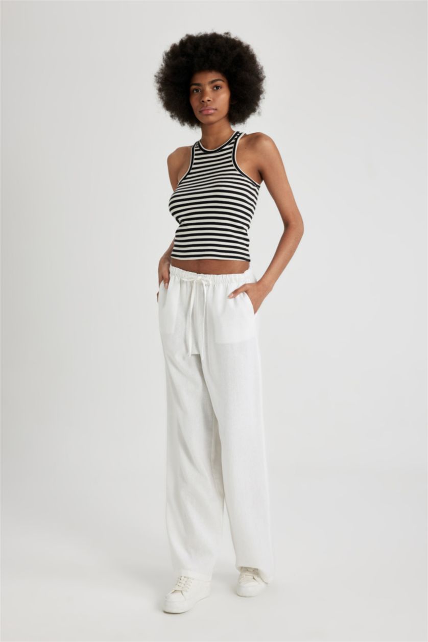 FEMME Blanc Pantalon Large en Lin Mélangé à Taille Haute Double Poche et Longueur Standard Jambe Large