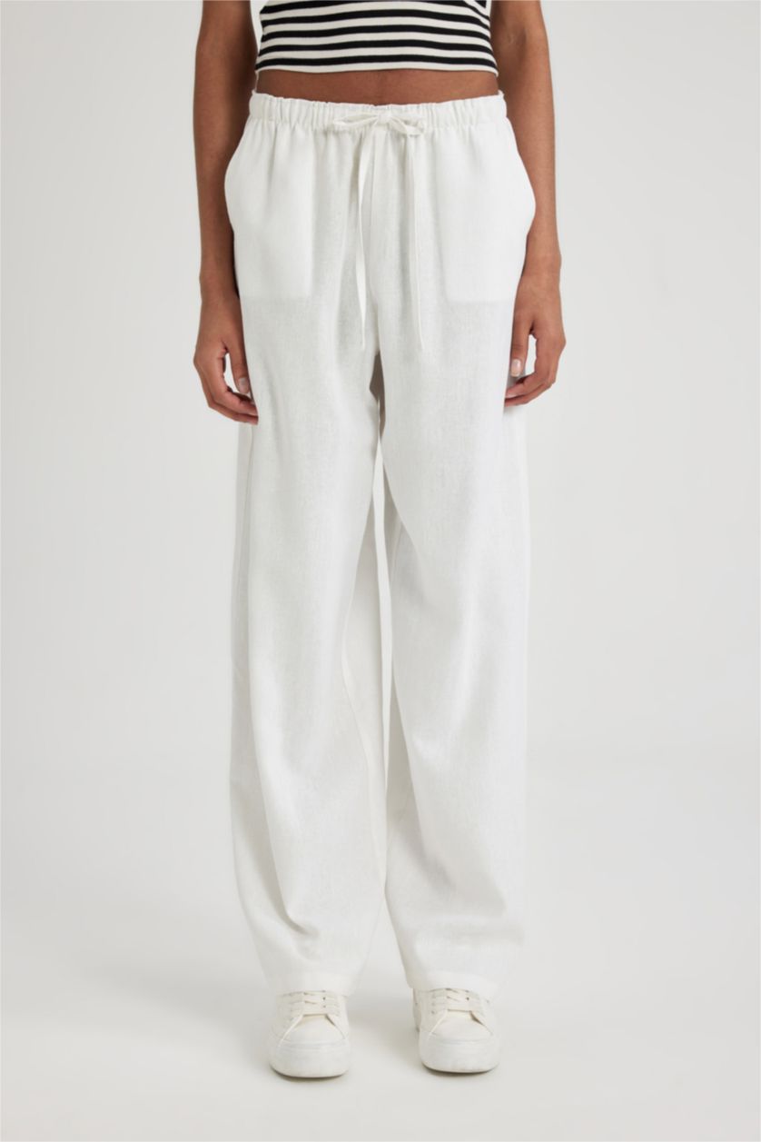 FEMME Blanc Pantalon Large en Lin Mélangé à Taille Haute Double Poche et Longueur Standard Jambe Large