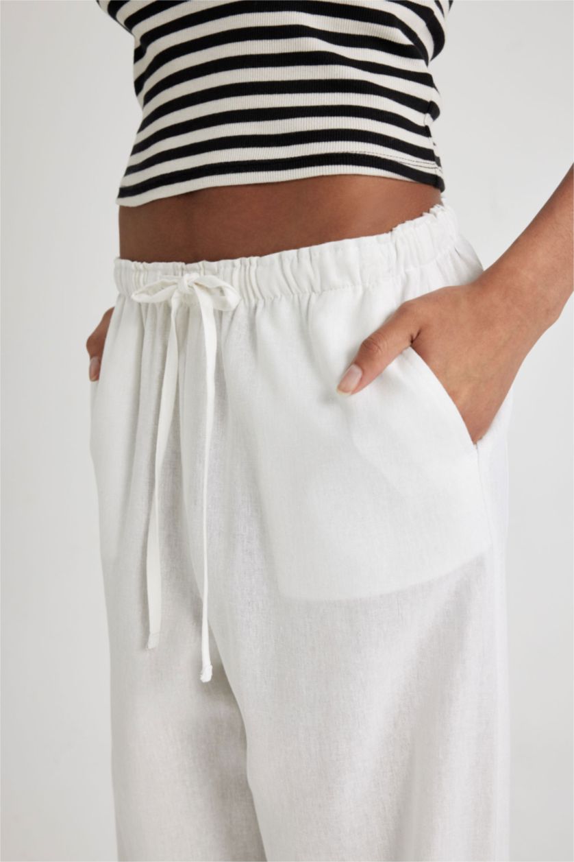 FEMME Blanc Pantalon Large en Lin Mélangé à Taille Haute Double Poche et Longueur Standard Jambe Large