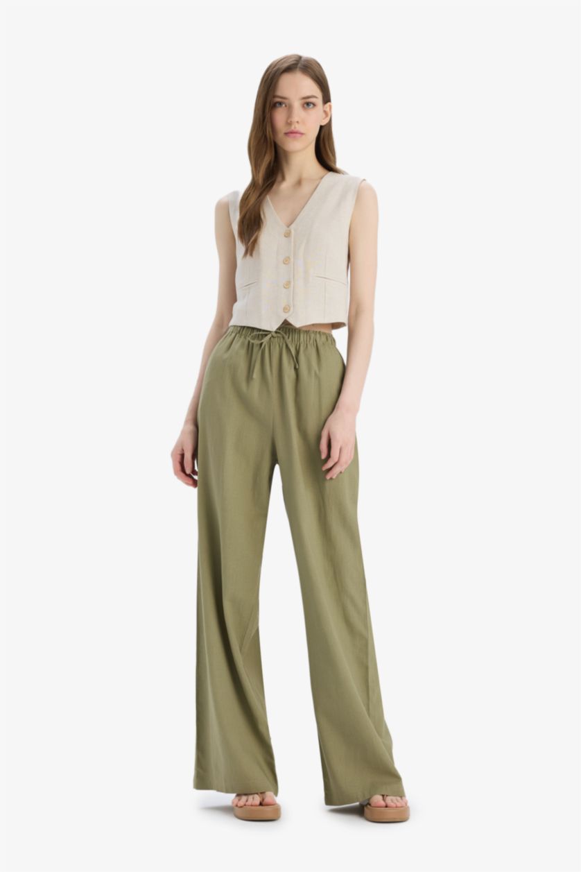 Woman Khaki Wide Leg High Waist Standard Length Linen Blend Trousers