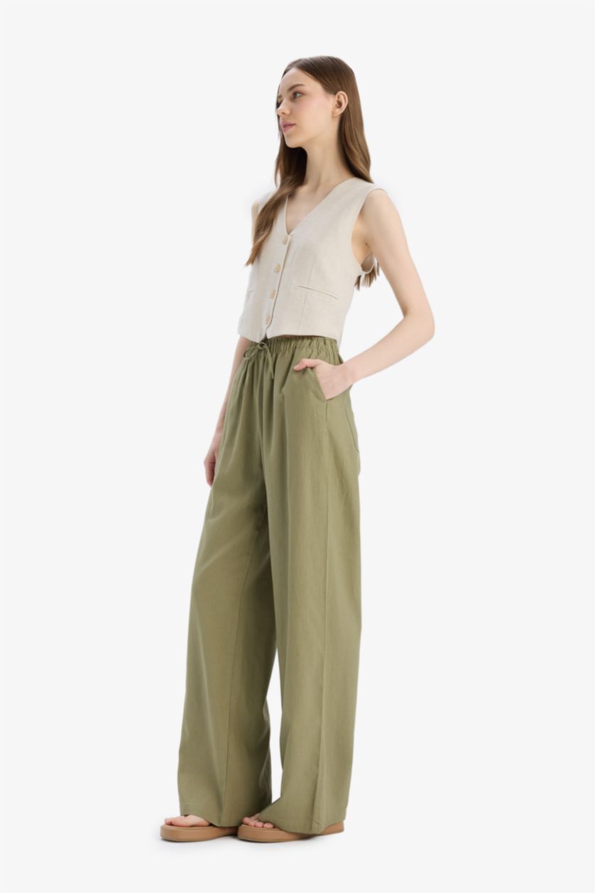 Woman Khaki Wide Leg High Waist Standard Length Linen Blend Trousers