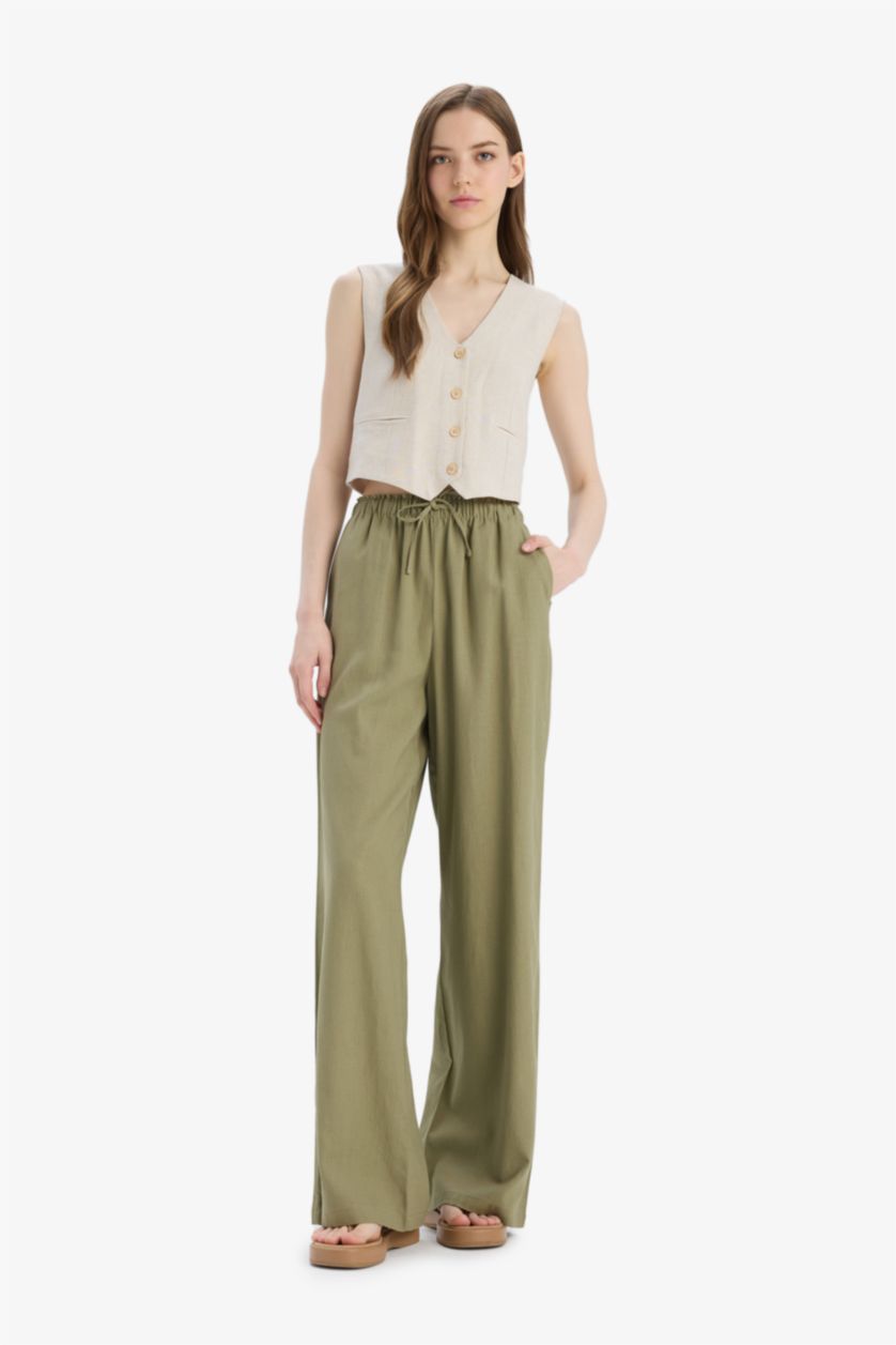Woman Khaki Wide Leg High Waist Standard Length Linen Blend Trousers