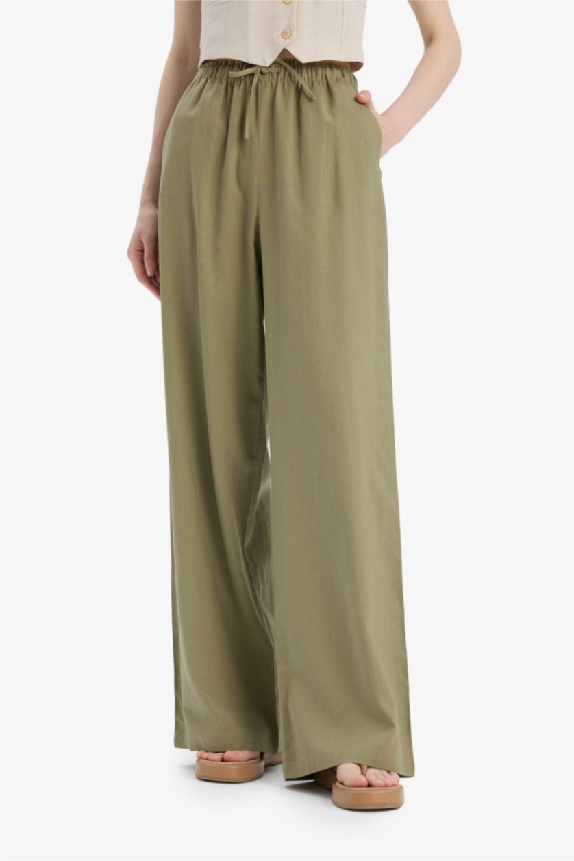 Woman Khaki Wide Leg High Waist Standard Length Linen Blend Trousers