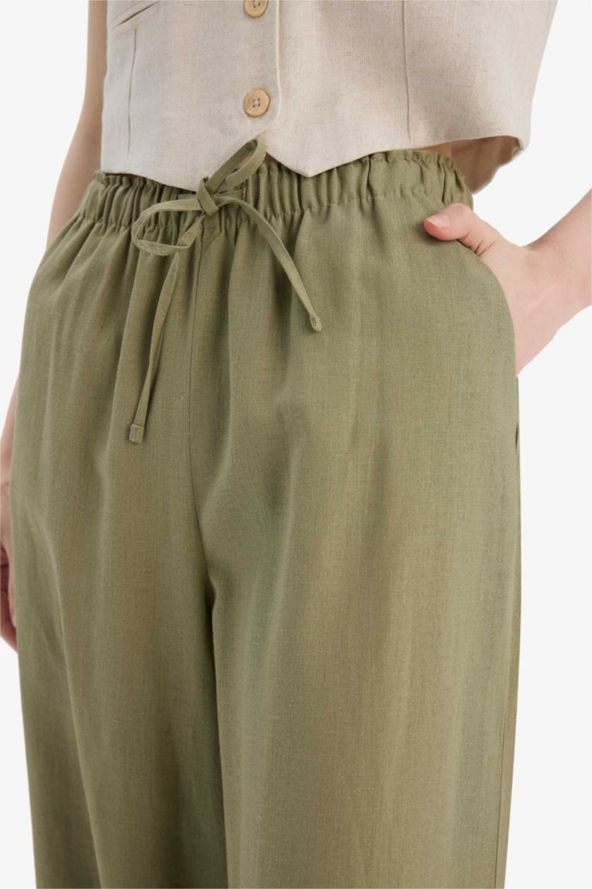 Woman Khaki Wide Leg High Waist Standard Length Linen Blend Trousers