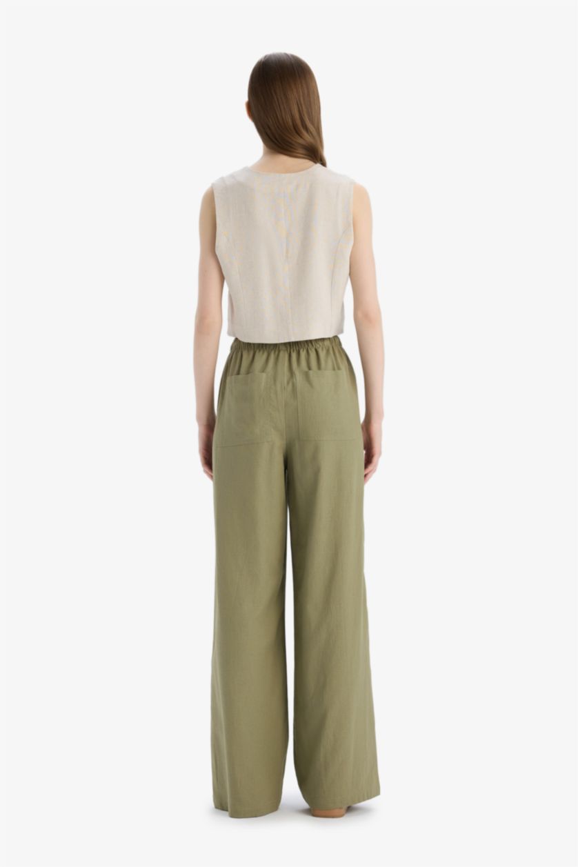 Woman Khaki Wide Leg High Waist Standard Length Linen Blend Trousers