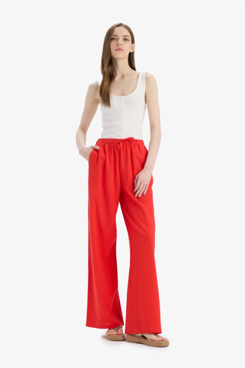 نساء أحمر بنطلون مخطط برجل واسع بجيب وخصر عالي من مزيج الكتان