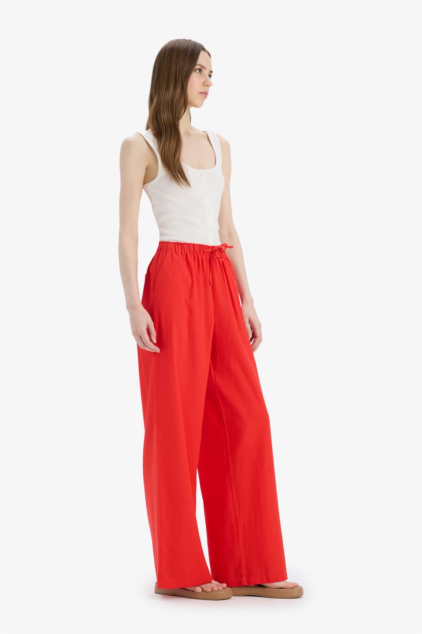 نساء أحمر بنطلون مخطط برجل واسع بجيب وخصر عالي من مزيج الكتان