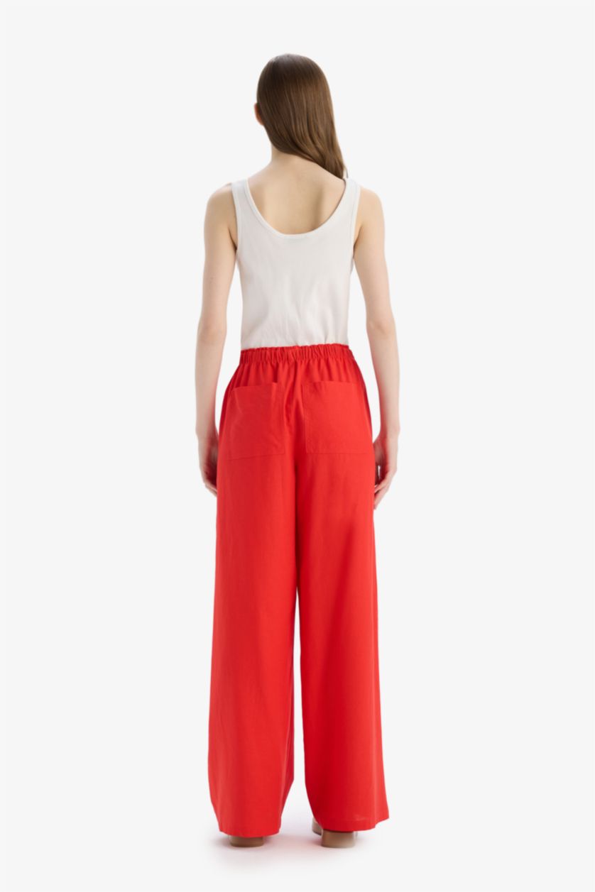 نساء أحمر بنطلون مخطط برجل واسع بجيب وخصر عالي من مزيج الكتان