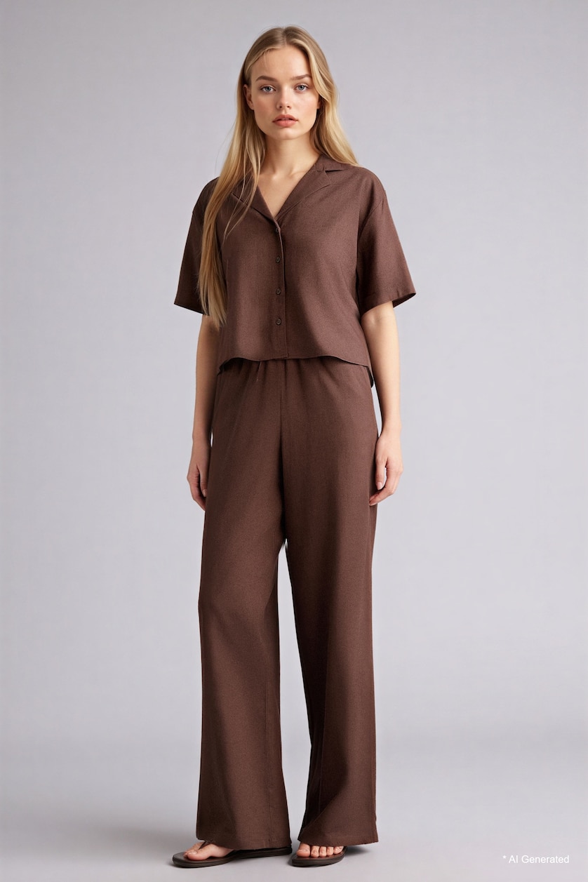 Woman Brown Wide Leg Double Pocket Linen Blended Trousers