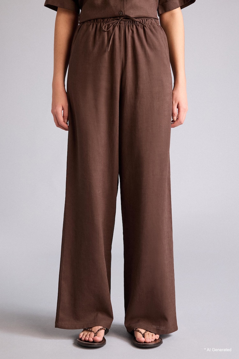 Woman Brown Wide Leg Double Pocket Linen Blended Trousers