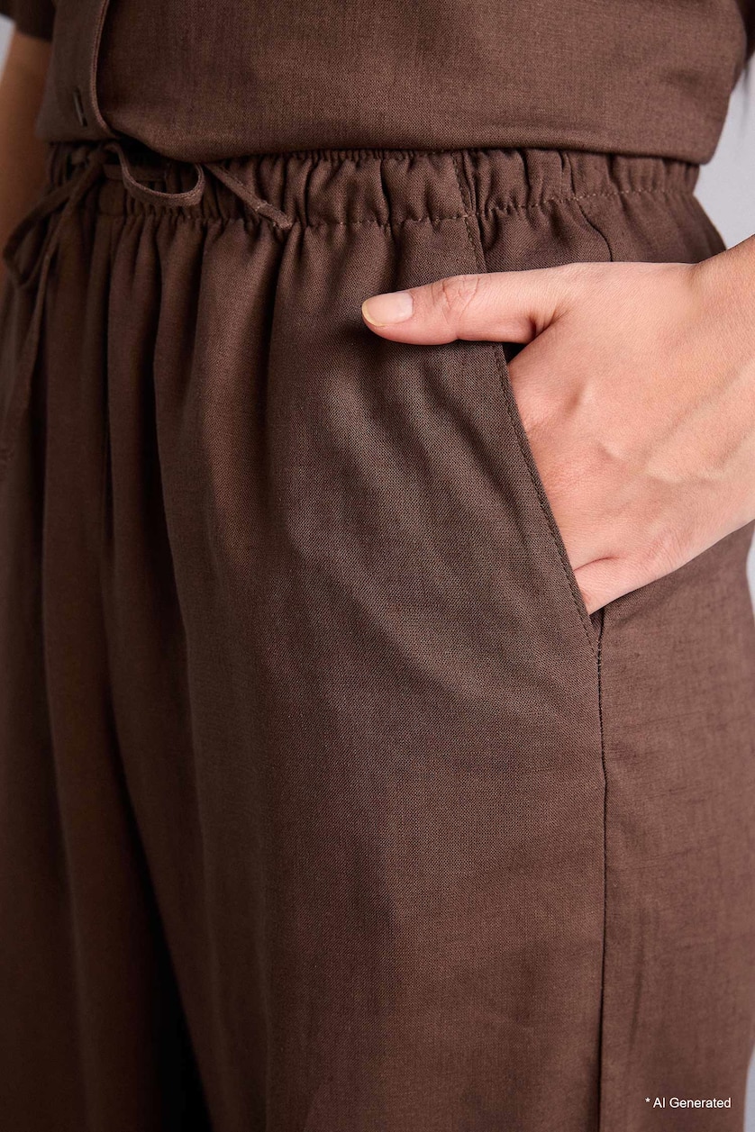 Woman Brown Wide Leg Double Pocket Linen Blended Trousers