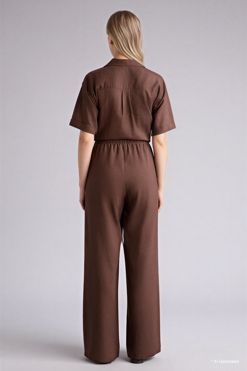 Woman Brown Wide Leg Double Pocket Linen Blended Trousers