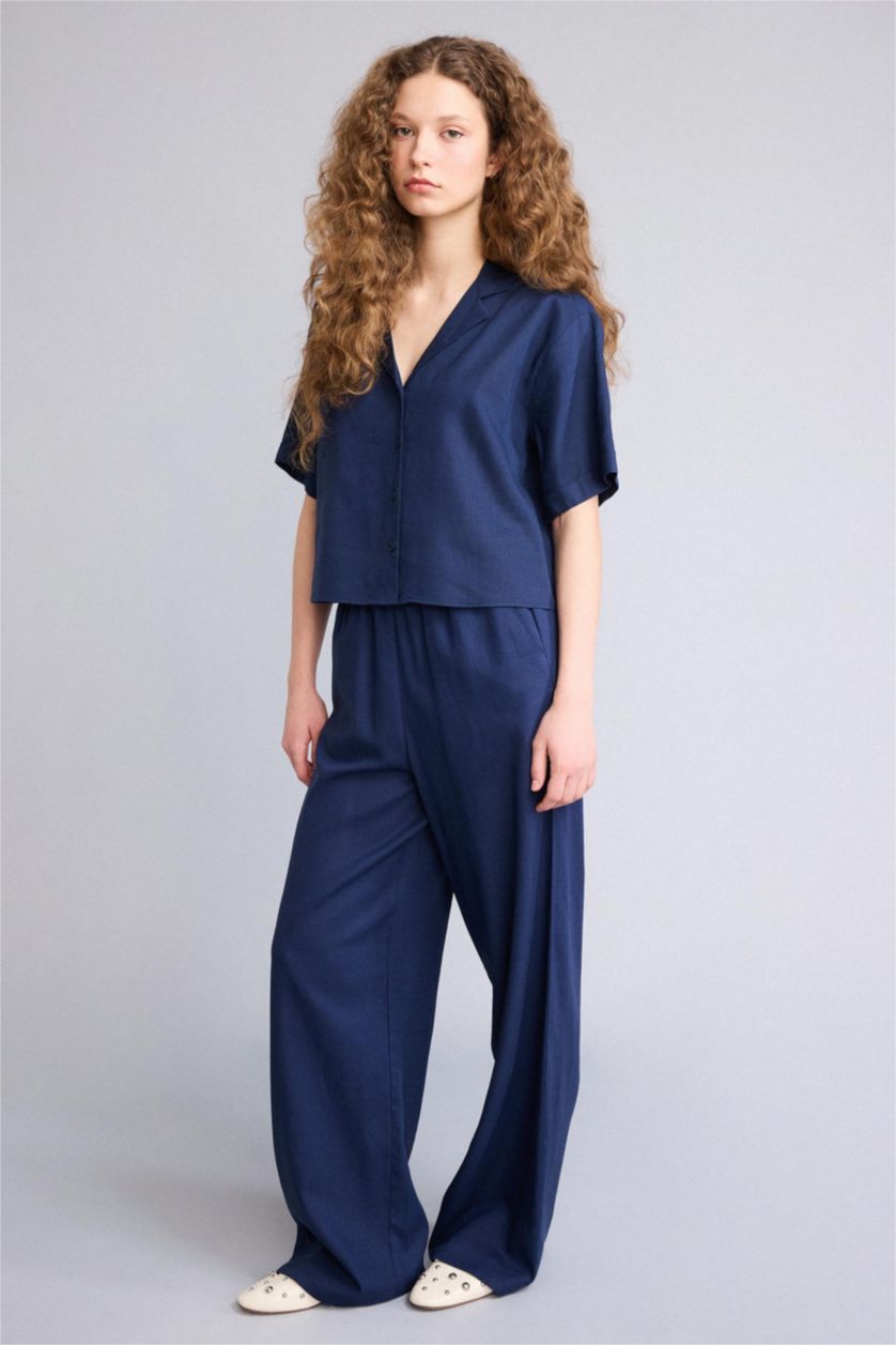 Женщины Синий Брюки Wide Leg из смесового льна стандартной длины с высокой талией и двумя карманами