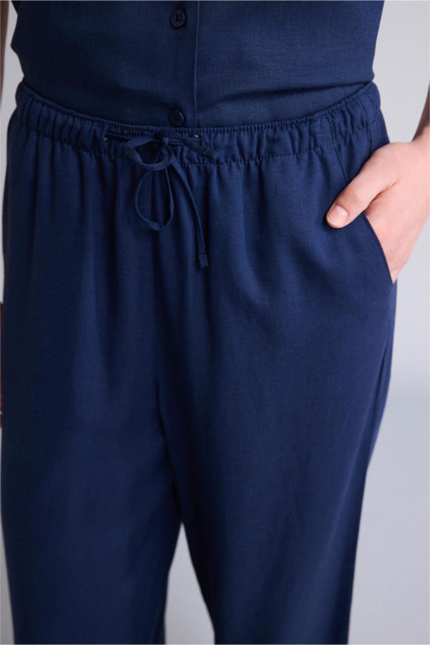 Женщины Синий Брюки Wide Leg из смесового льна стандартной длины с высокой талией и двумя карманами