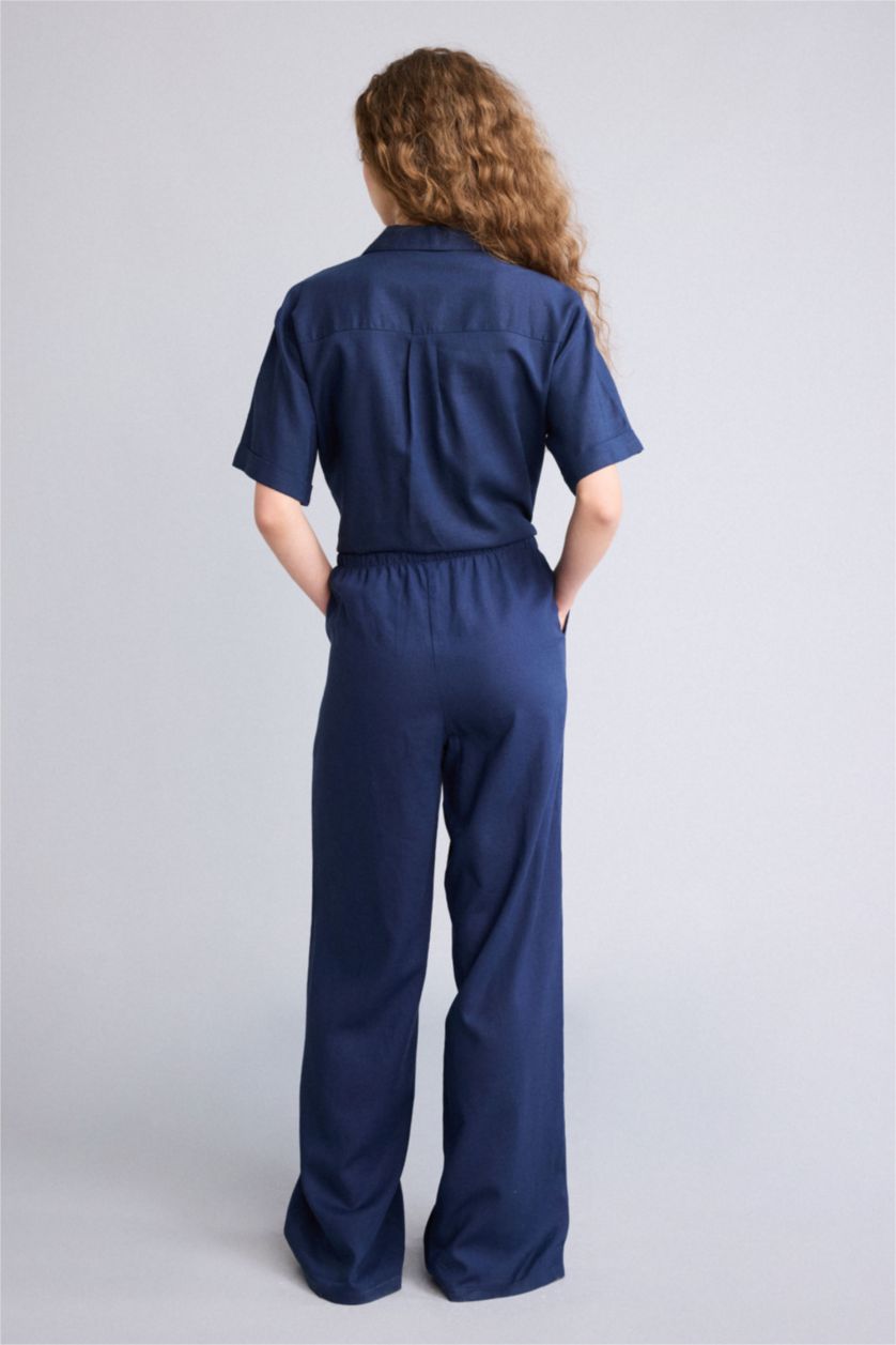 Женщины Синий Брюки Wide Leg из смесового льна стандартной длины с высокой талией и двумя карманами