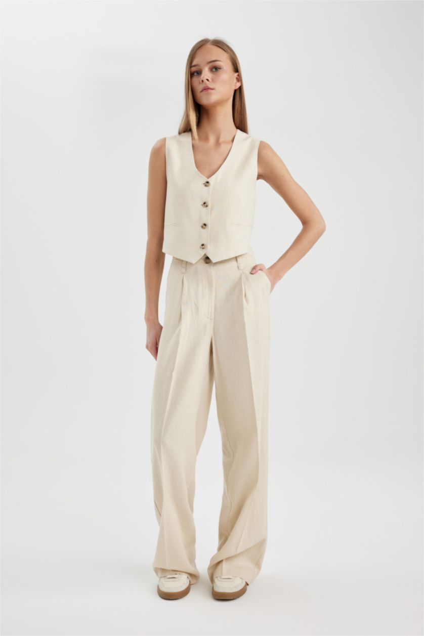 FEMME Beige Pantalon en Lin Mélangé à Taille Haute et Longueur Standard à Jambes Larges