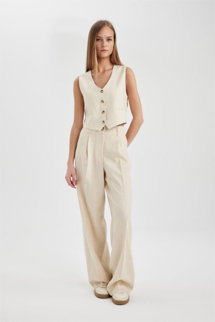 FEMME Beige Pantalon en Lin Mélangé à Taille Haute et Longueur Standard à Jambes Larges