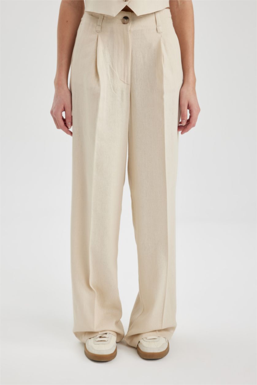 FEMME Beige Pantalon en Lin Mélangé à Taille Haute et Longueur Standard à Jambes Larges