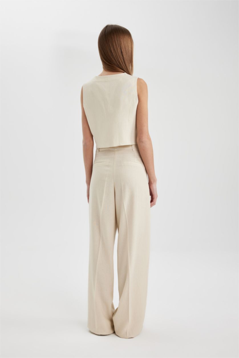 FEMME Beige Pantalon en Lin Mélangé à Taille Haute et Longueur Standard à Jambes Larges