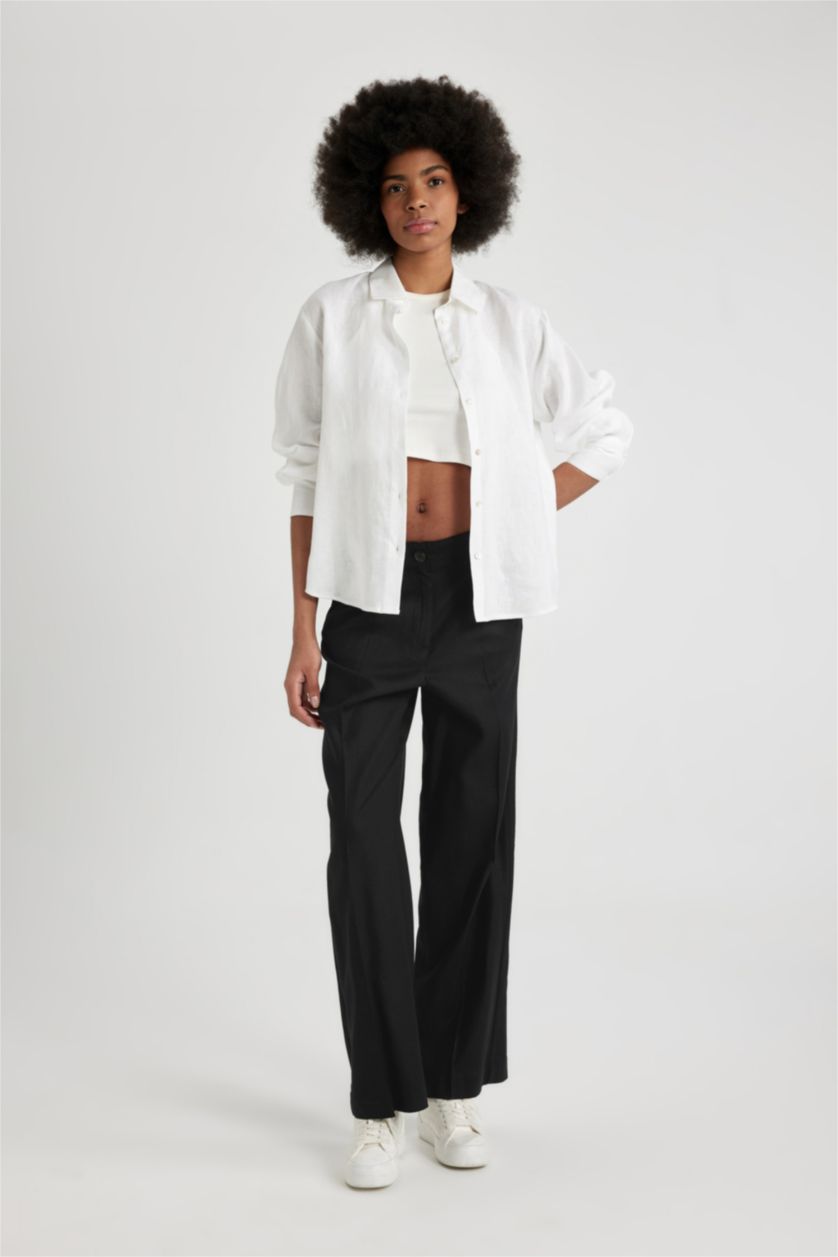 WOMAN Black Wide Leg High Waist Standard Length Linen Blend Trousers