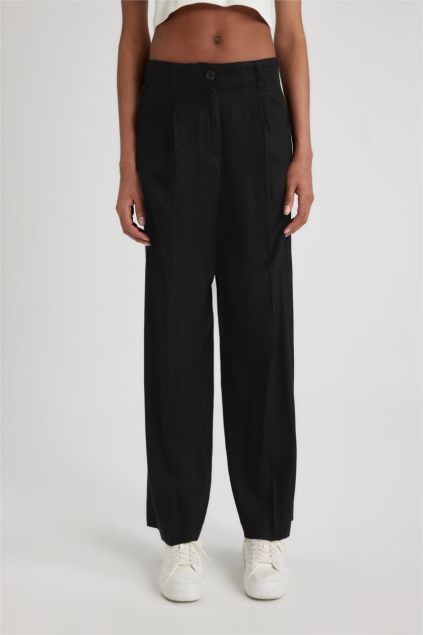 WOMAN Black Wide Leg High Waist Standard Length Linen Blend Trousers