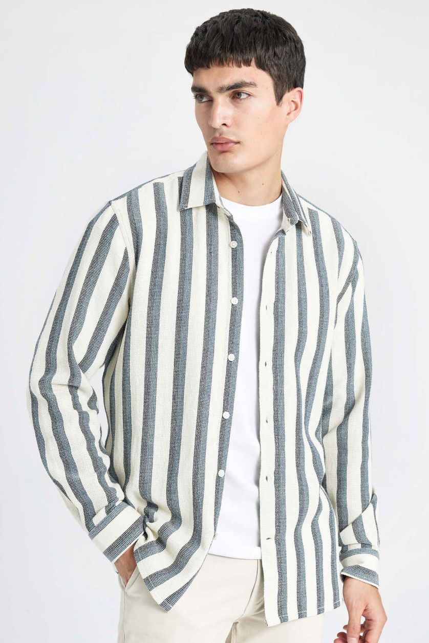 MAN White Regular Fit Polo Collar Cotton Striped Long Sleeve Shirt