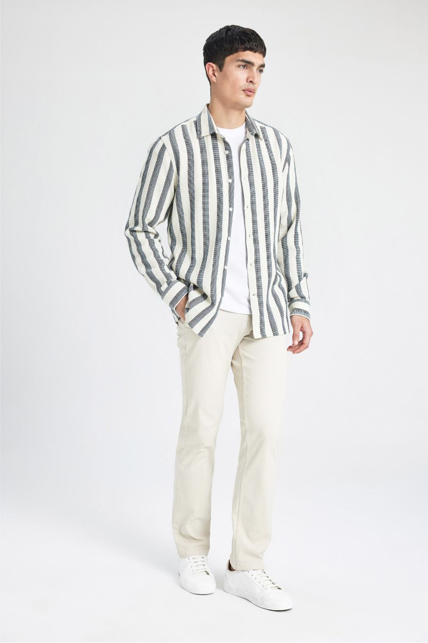 MAN White Regular Fit Polo Collar Cotton Striped Long Sleeve Shirt