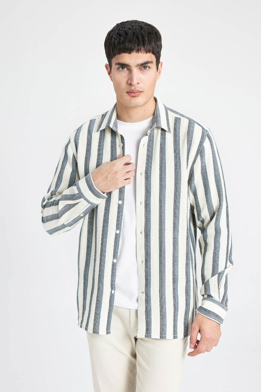 MAN White Regular Fit Polo Collar Cotton Striped Long Sleeve Shirt
