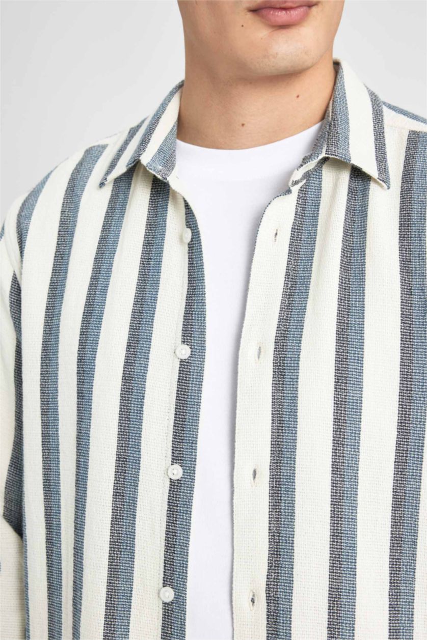 MAN White Regular Fit Polo Collar Cotton Striped Long Sleeve Shirt