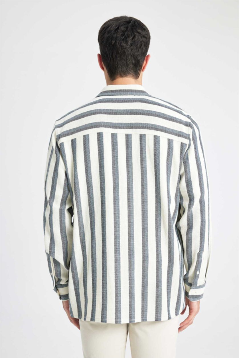 MAN White Regular Fit Polo Collar Cotton Striped Long Sleeve Shirt