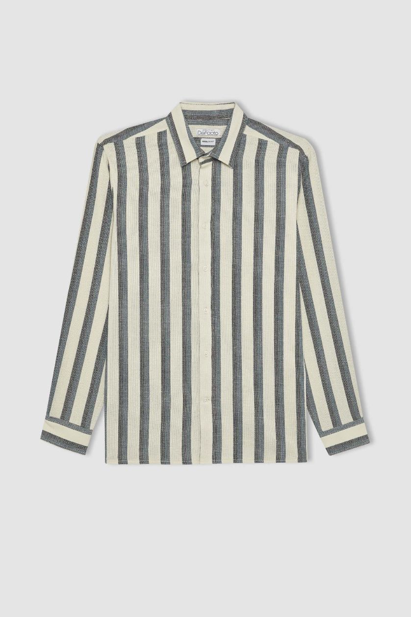 MAN White Regular Fit Polo Collar Cotton Striped Long Sleeve Shirt