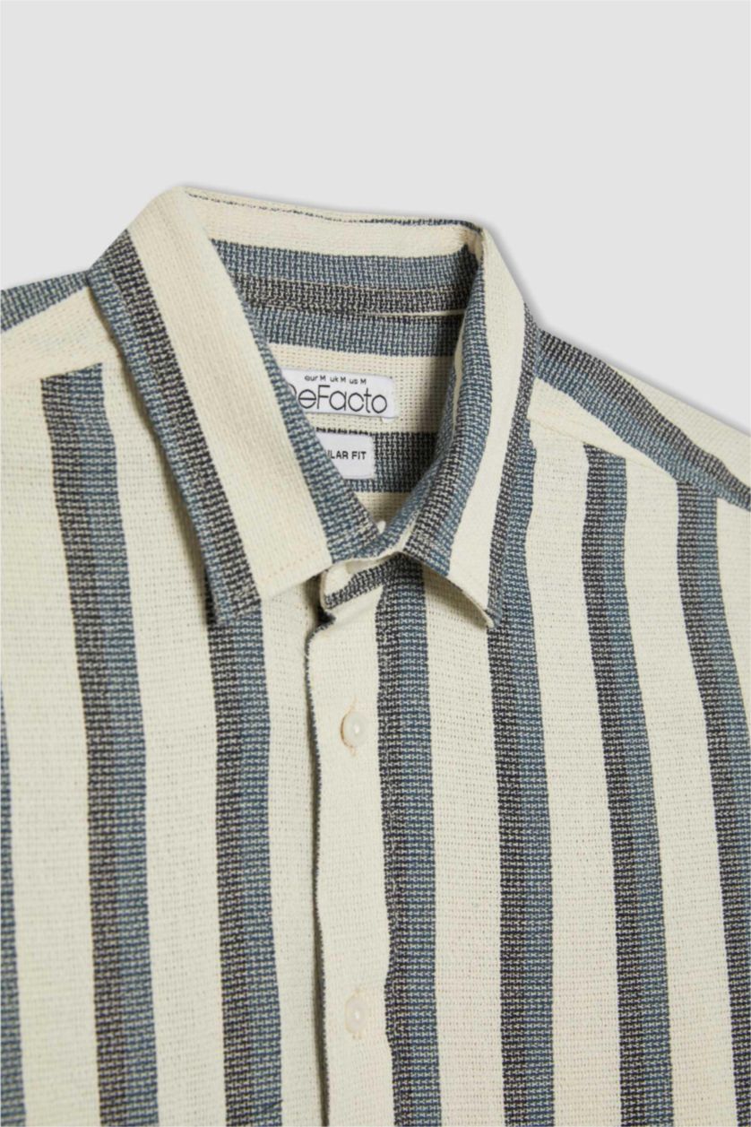 MAN White Regular Fit Polo Collar Cotton Striped Long Sleeve Shirt