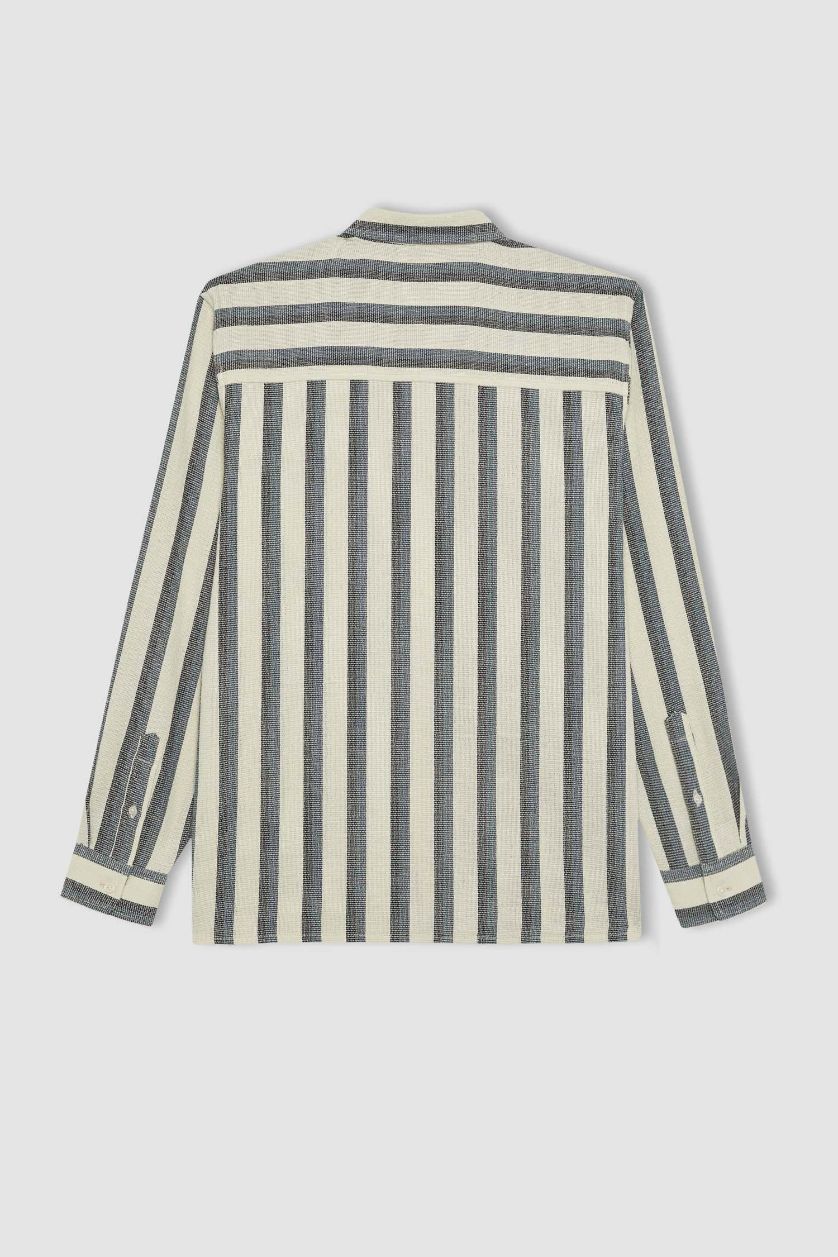 MAN White Regular Fit Polo Collar Cotton Striped Long Sleeve Shirt