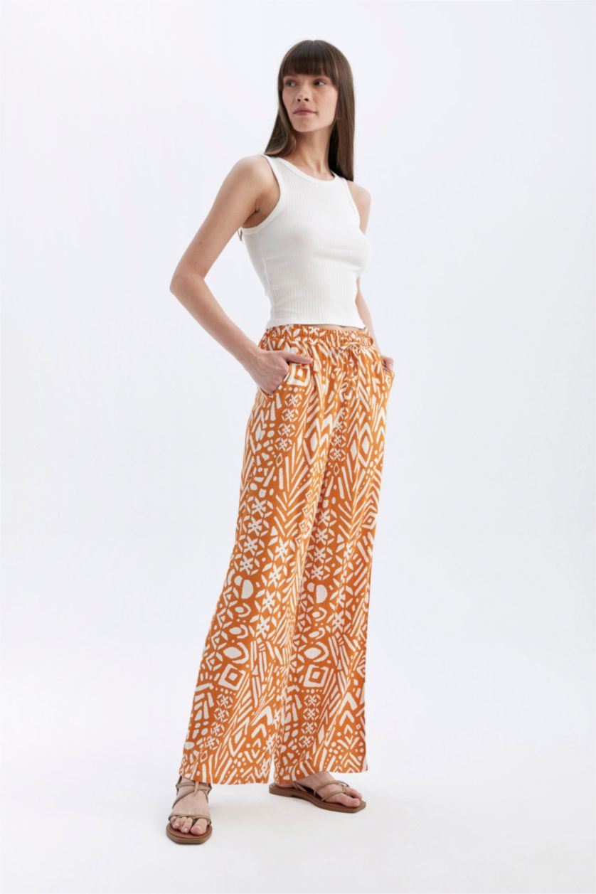 FEMME Orange Pantalon Viscose Large avec Poches à Motifs Taille Haute Jambe Large et Longue