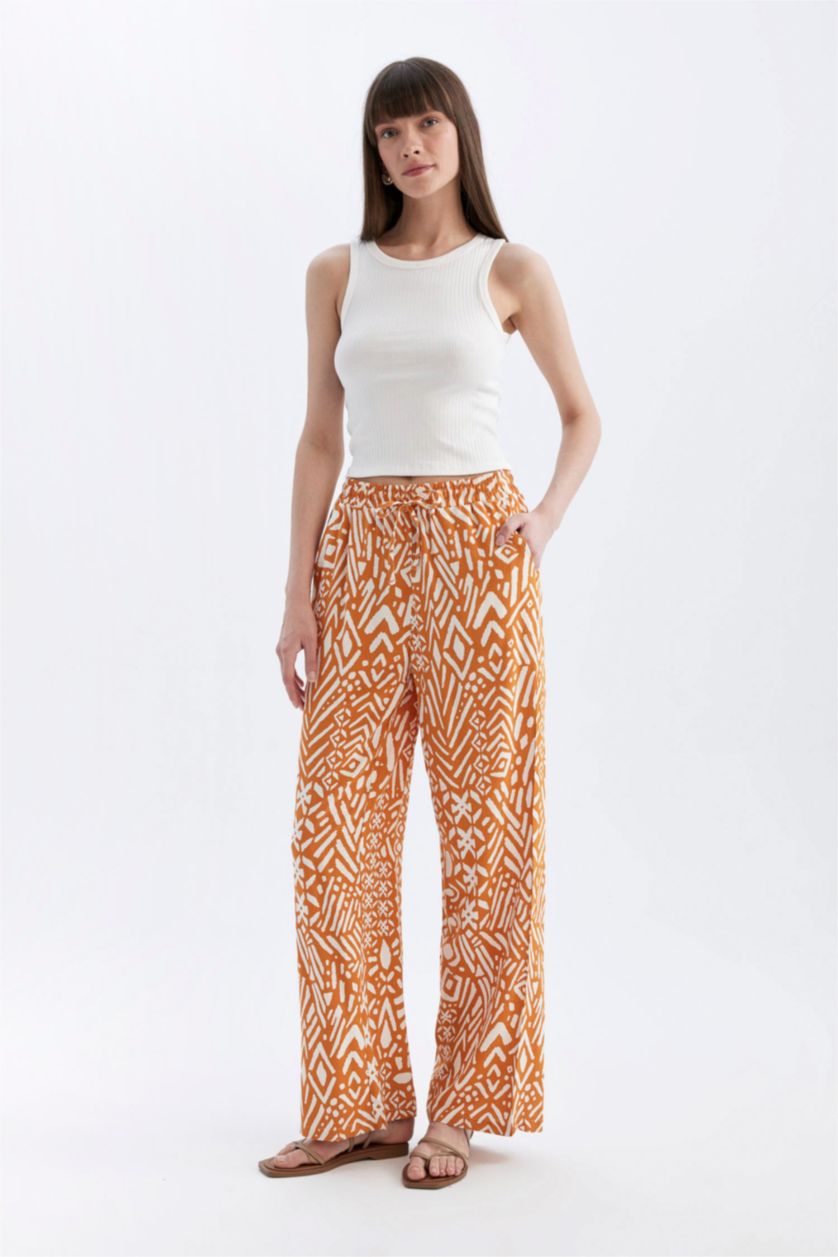 FEMME Orange Pantalon Viscose Large avec Poches à Motifs Taille Haute Jambe Large et Longue