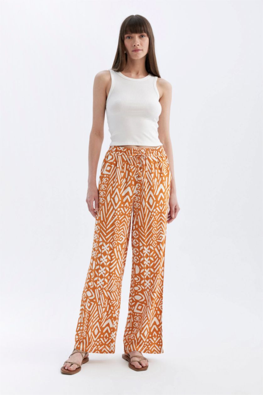 FEMME Orange Pantalon Viscose Large avec Poches à Motifs Taille Haute Jambe Large et Longue