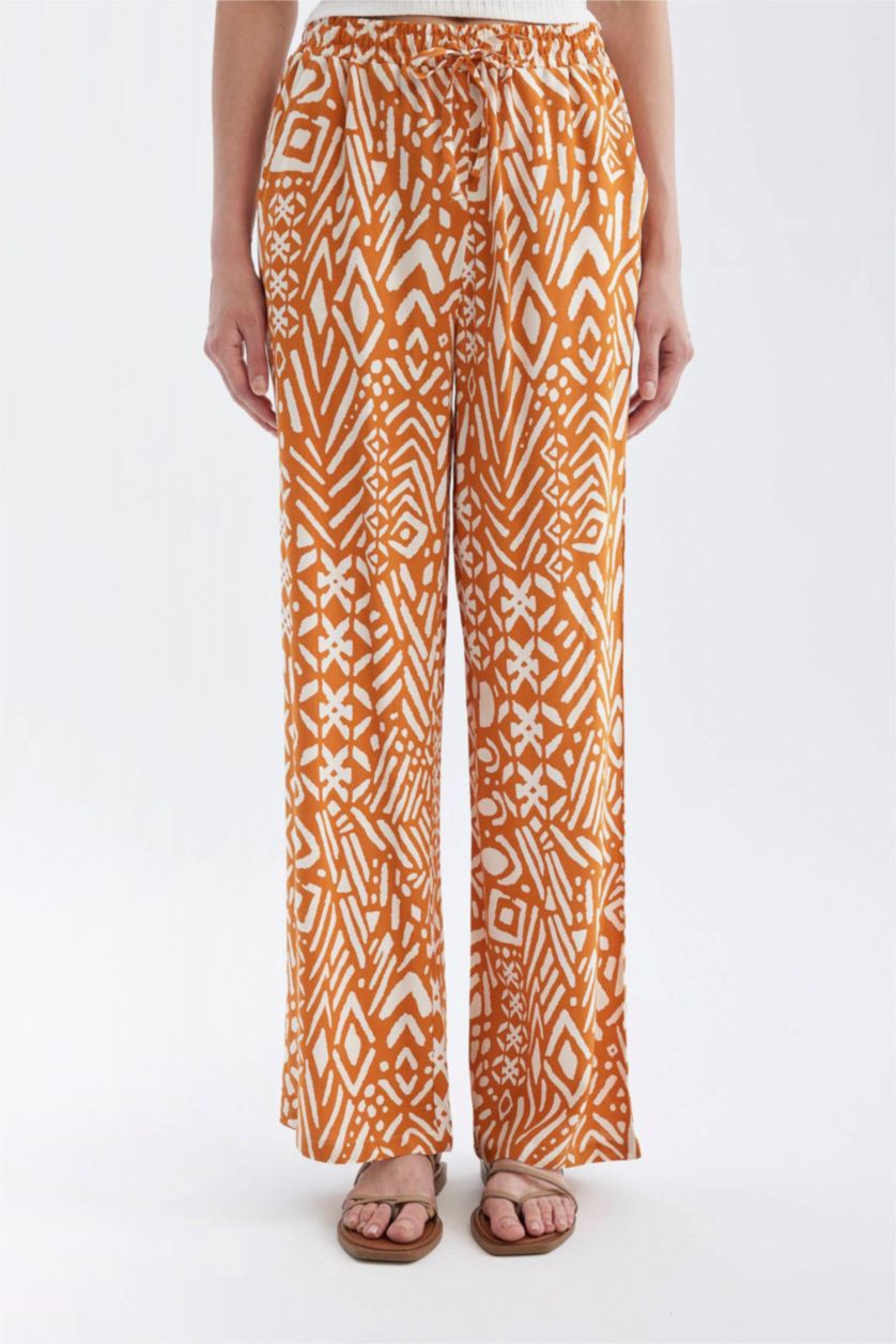 FEMME Orange Pantalon Viscose Large avec Poches à Motifs Taille Haute Jambe Large et Longue