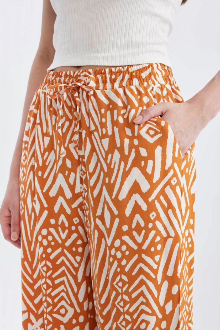 FEMME Orange Pantalon Viscose Large avec Poches à Motifs Taille Haute Jambe Large et Longue