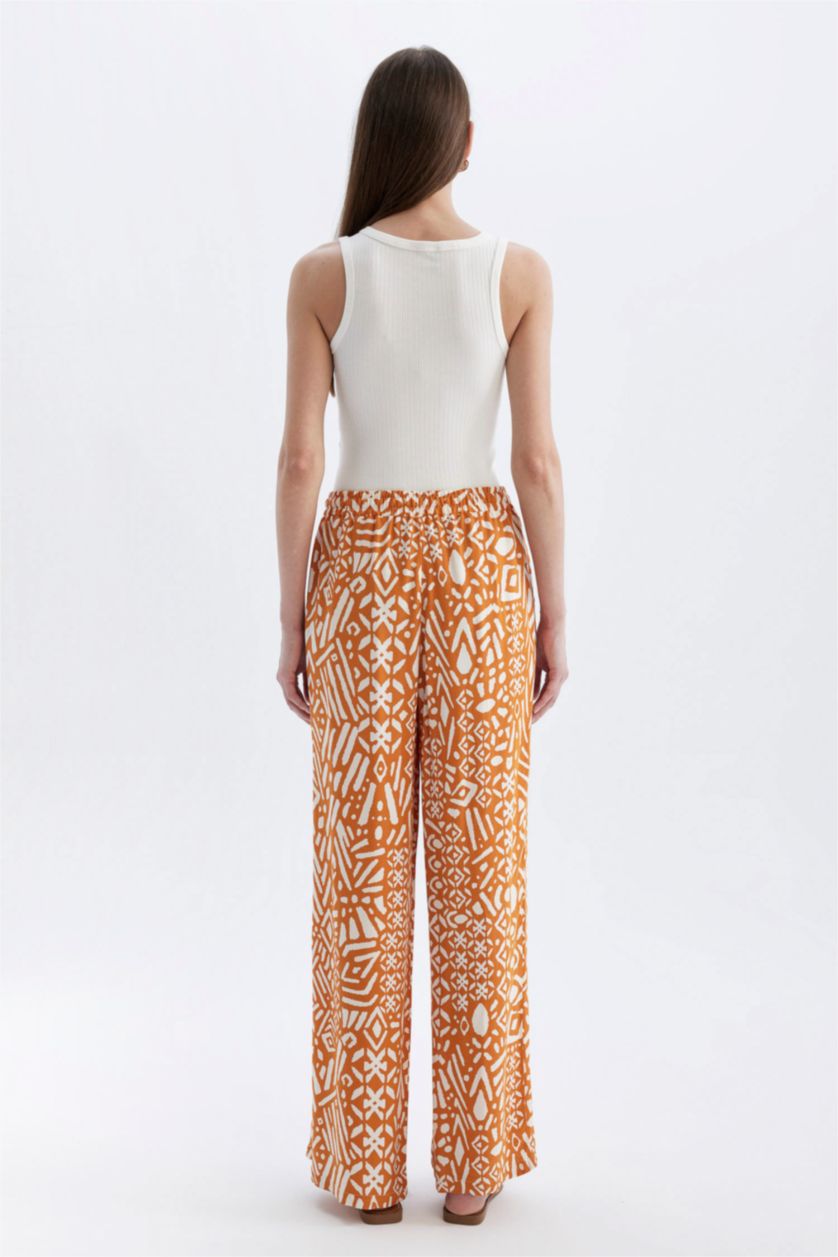 FEMME Orange Pantalon Viscose Large avec Poches à Motifs Taille Haute Jambe Large et Longue