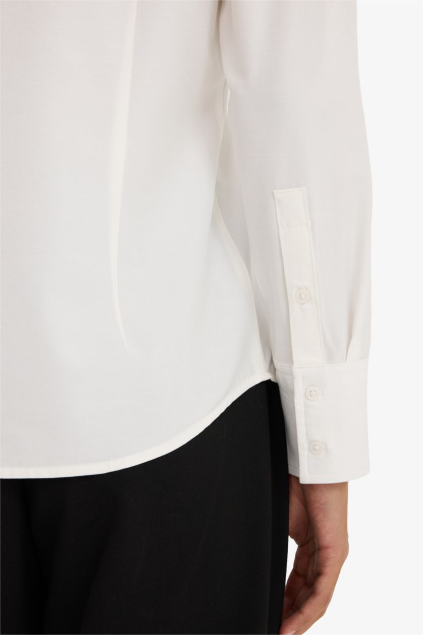 حريمي أبيض قميص كم طويل بنغاليني سليم فيت مخصر