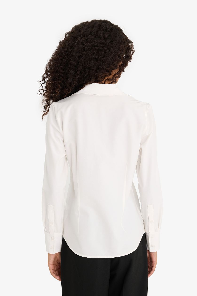 حريمي أبيض قميص كم طويل بنغاليني سليم فيت مخصر