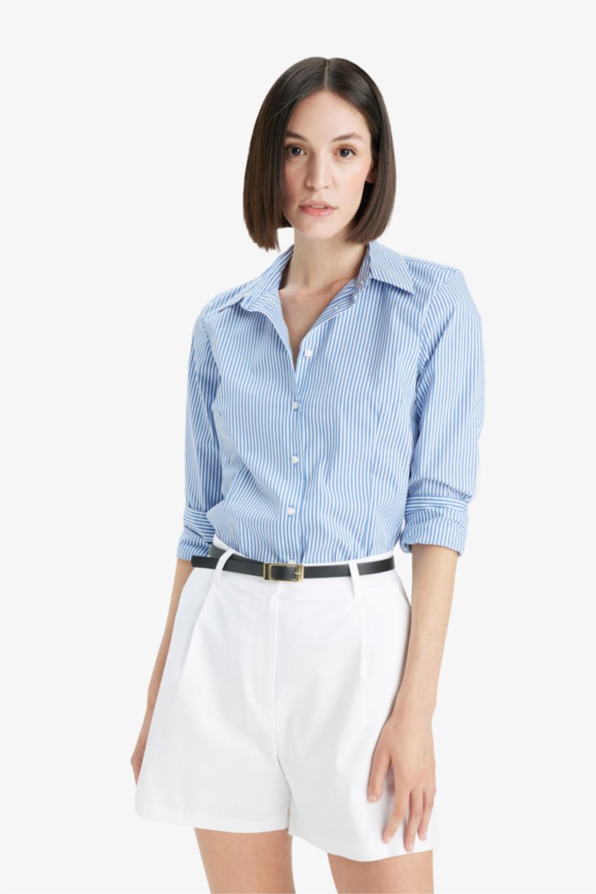 Женщины Голубрй Зауженная рубашка с полосатым бенгалином с длинным рукавом